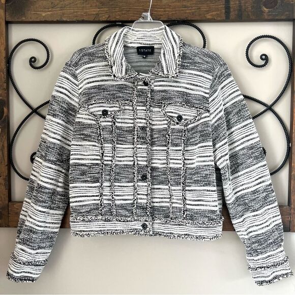 1. State Black Cream Fringe Tweed Button Front Long Sleeve Blazer Jacket - Picture 2 of 15